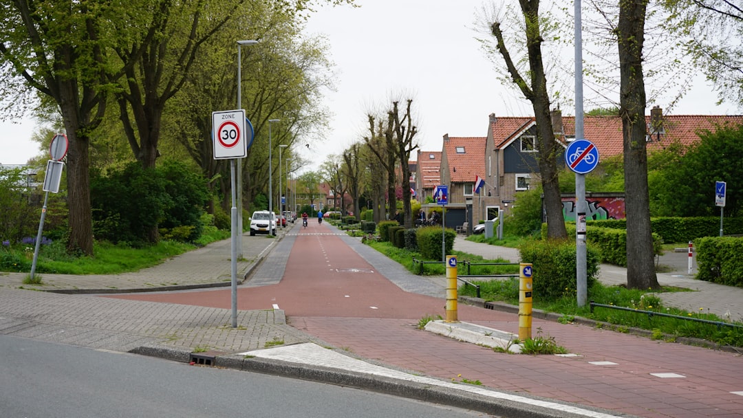 a street with a no parking sign on the side of it