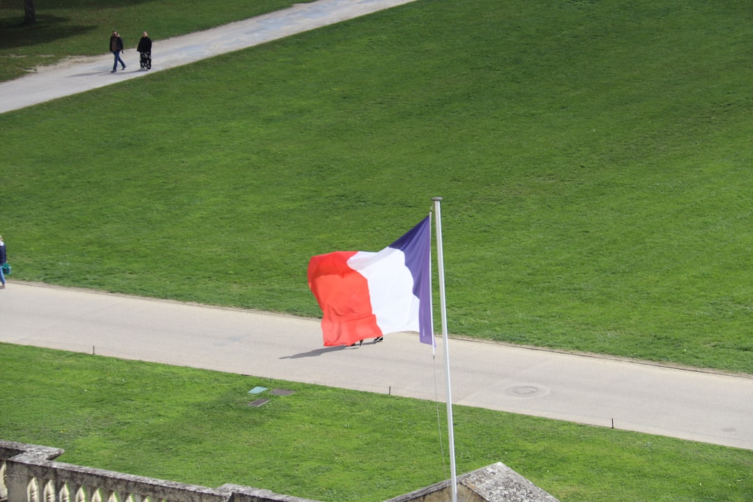 French flag waving on a flagpole in a park